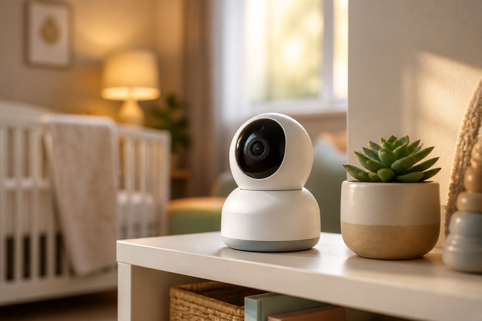 Bebcare baby monitor camera on a nursery shelf with soft evening light