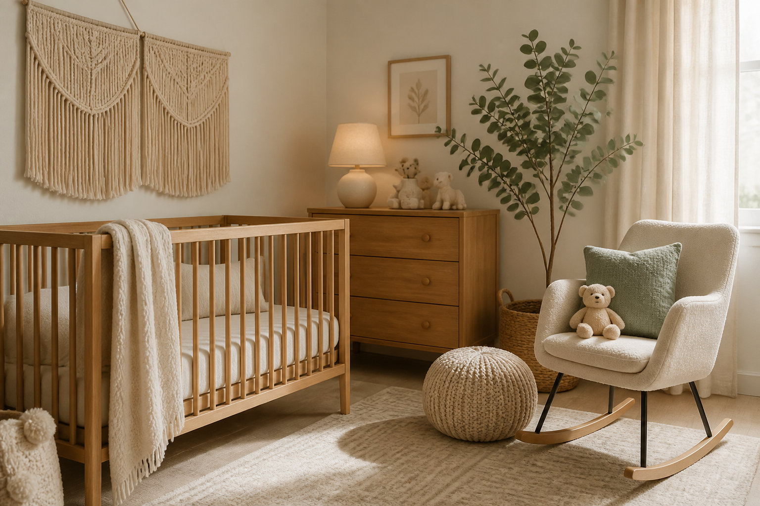 Calm minimalist nursery with soft textiles, warm lamp light, and natural decor