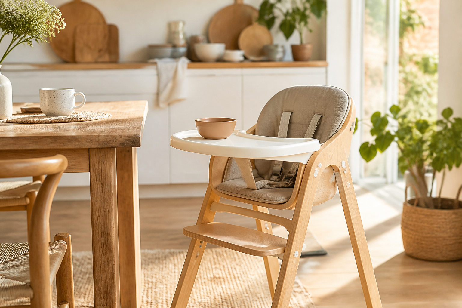 Modern high chair beside a kitchen table with warm natural light
