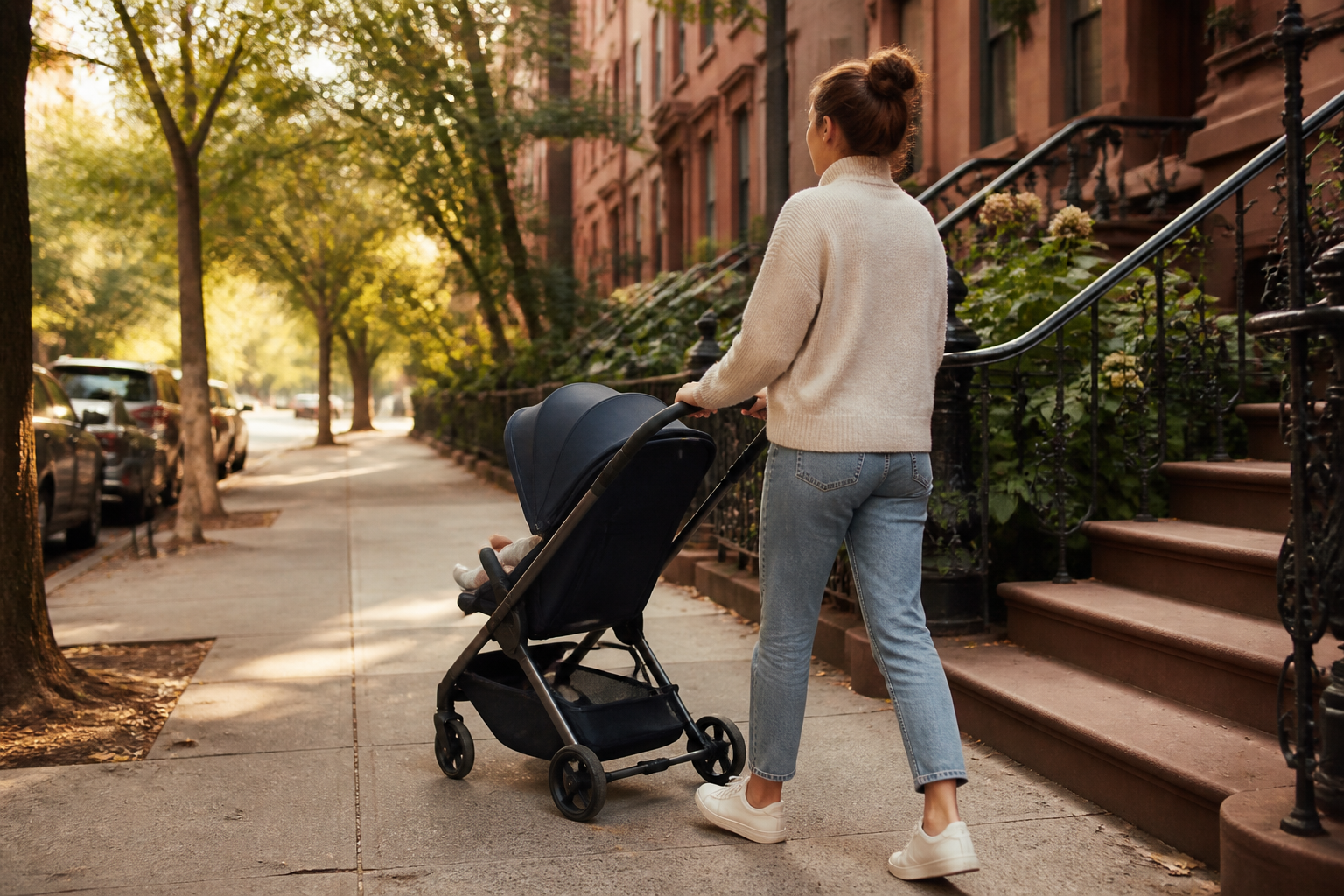Parent walking with a compact stroller on a city sidewalk