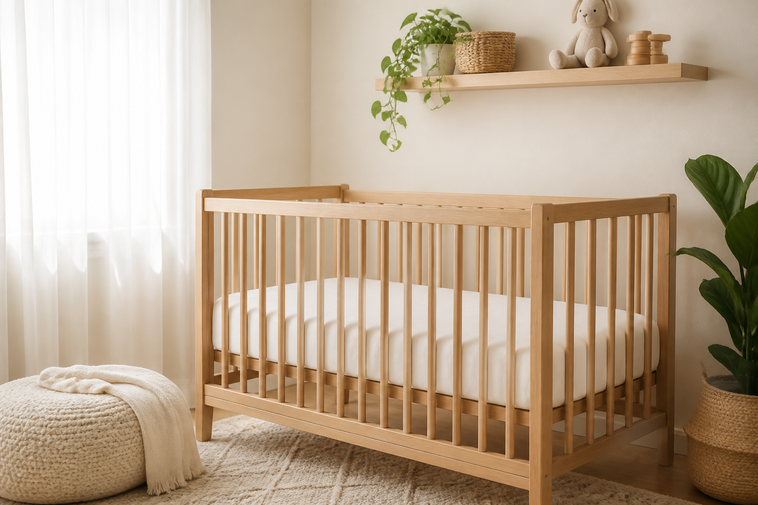 Safe crib setup with firm mattress and fitted sheet
