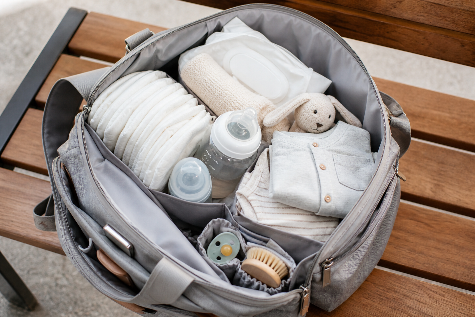 Organized diaper bag packed for a day out with baby