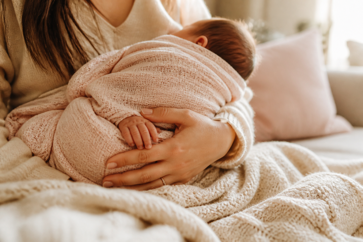 Parent babywearing a newborn in a soft carrier