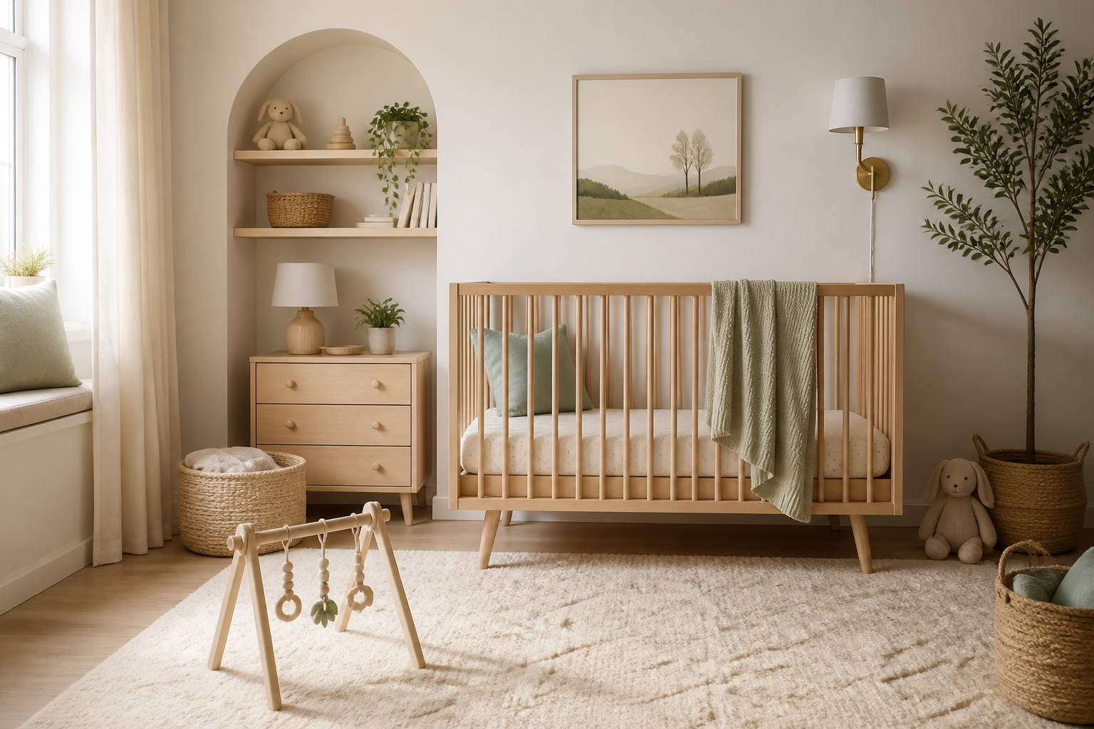 Calm minimalist nursery with crib and natural light
