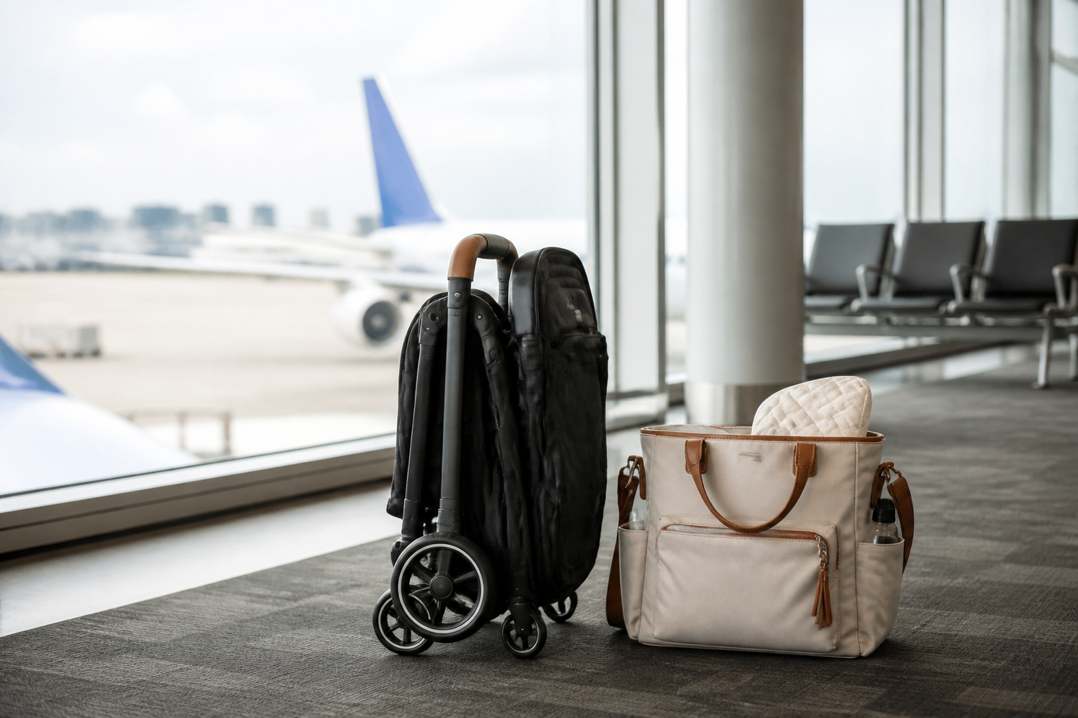 Compact travel stroller folded at an airport gate
