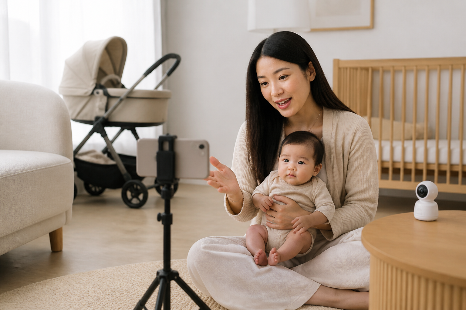 Parent creator filming nursery content with a smartphone on a tripod